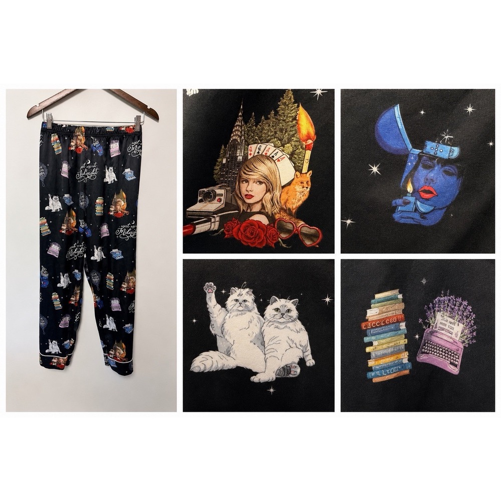 Taylor Swift womens Satin Pajama Pants Swifty Midnight Eras Cat Retro Small Pjs